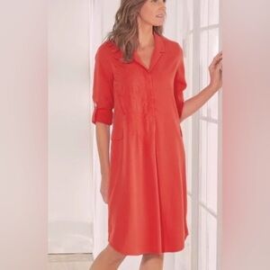 Soft Surroundings Coral Melon Orange Tencel Weekender Embroidered Dress …